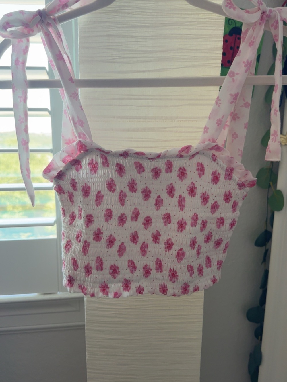 Smocked Tie-Shoulder Crop Top in Pink Floral